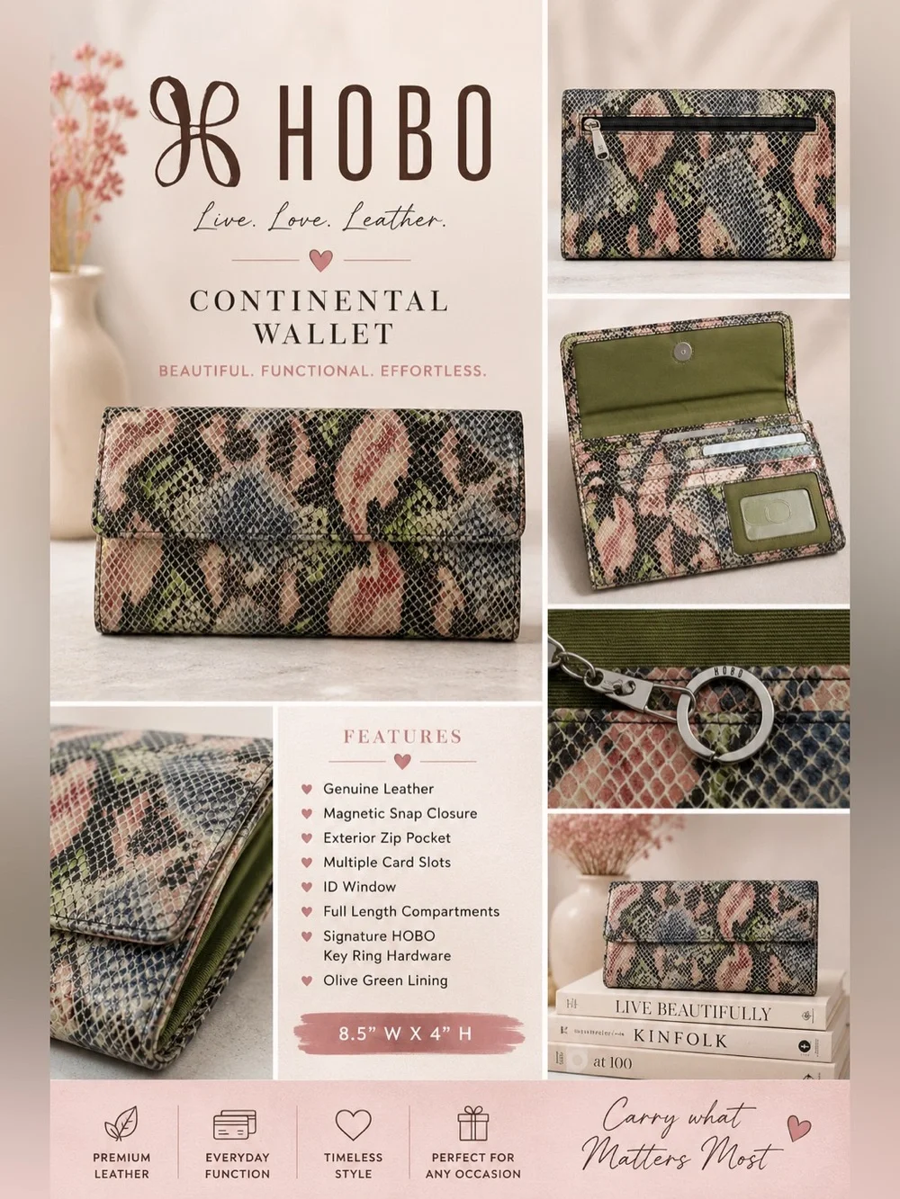 HOBO International Multicolor Snakeskin Embossed Leather Continental Wallet